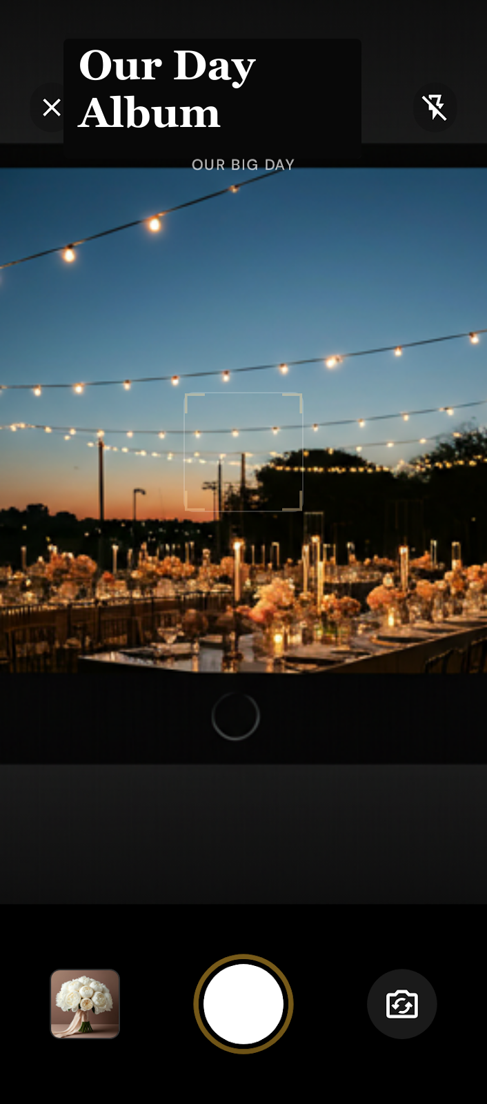 A wedding capture screen with an evening reception behind the camera frame